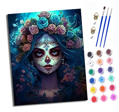 XXHXIE Malen Nach Zahlen Erwachsene-DIY Handgemalt Ölgemälde KitMädchen Schädel Make-up für Anfänger Mit 3-Pinseln und Acrylfarbe Handgemalt öLgemäLde Kit Als Geschenk 40x50cm (Rahmenlos) von XXHXIE