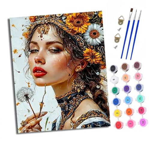 XXHXIE Malen Nach Zahlen Erwachsene-DIY Handgemalt Ölgemälde KitMädchen mit Blumen für Anfänger Mit 3-Pinseln und Acrylfarbe Handgemalt öLgemäLde Kit Als Geschenk 40x50cm (Rahmenlos) von XXHXIE