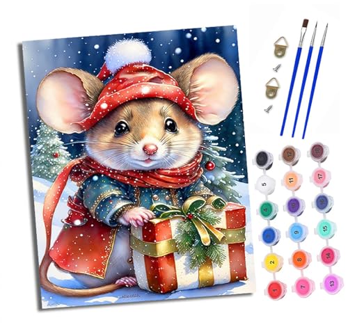 XXHXIE Malen Nach Zahlen Erwachsene-DIY Handgemalt Ölgemälde KitMaus mit Weihnachtsmütze für Anfänger Mit 3-Pinseln und Acrylfarbe Handgemalt öLgemäLde Kit Als Geschenk 40x50cm (Mit Rahmen) von XXHXIE