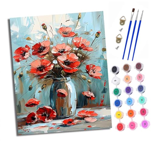 XXHXIE Malen Nach Zahlen Erwachsene-DIY Handgemalt Ölgemälde KitMohnblumen in der Vase für Anfänger Mit 3-Pinseln und Acrylfarbe Handgemalt öLgemäLde Kit Als Geschenk 40x50cm (Rahmenlos) von XXHXIE
