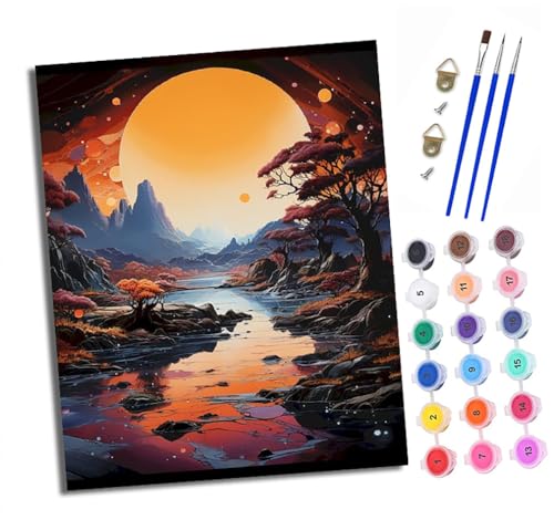 XXHXIE Malen Nach Zahlen Erwachsene-DIY Handgemalt Ölgemälde KitOrange Moon Fantasy Valley für Anfänger Mit 3-Pinseln und Acrylfarbe Handgemalt öLgemäLde Kit Als Geschenk 40x50cm (Mit Rahmen) von XXHXIE