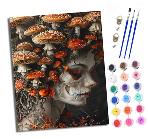 XXHXIE Malen Nach Zahlen Erwachsene-DIY Handgemalt Ölgemälde KitPilzverzierter Totenkopf für Anfänger Mit 3-Pinseln und Acrylfarbe Handgemalt öLgemäLde Kit Als Geschenk 40x50cm (Mit Rahmen) von XXHXIE