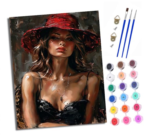 XXHXIE Malen Nach Zahlen Erwachsene-DIY Handgemalt Ölgemälde KitRed Hat Mädchen für Anfänger Mit 3-Pinseln und Acrylfarbe Handgemalt öLgemäLde Kit Als Geschenk 40x50cm (Mit Rahmen) von XXHXIE