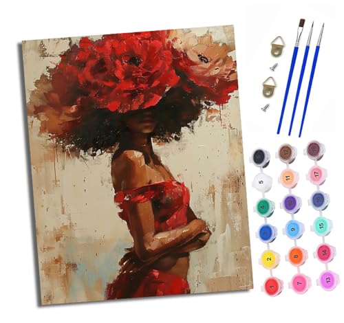 XXHXIE Malen Nach Zahlen Erwachsene-DIY Handgemalt Ölgemälde KitRote Blumen Mädchen für Anfänger Mit 3-Pinseln und Acrylfarbe Handgemalt öLgemäLde Kit Als Geschenk 40x50cm (Rahmenlos) von XXHXIE