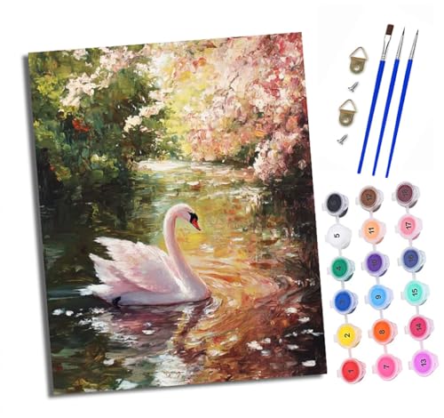 XXHXIE Malen Nach Zahlen Erwachsene-DIY Handgemalt Ölgemälde KitSchwäne im Fluss für Anfänger Mit 3-Pinseln und Acrylfarbe Handgemalt öLgemäLde Kit Als Geschenk 40x50cm (Mit Rahmen) von XXHXIE