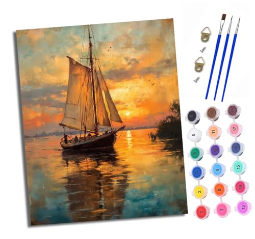 XXHXIE Malen Nach Zahlen Erwachsene-DIY Handgemalt Ölgemälde KitSegelboot bei Sonnenuntergang für Anfänger Mit 3-Pinseln und Acrylfarbe Handgemalt öLgemäLde Kit Als Geschenk 40x50cm (Mit Rahmen) von XXHXIE