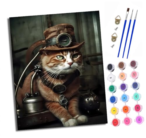 XXHXIE Malen Nach Zahlen Erwachsene-DIY Handgemalt Ölgemälde KitSteampunk-Katze für Anfänger Mit 3-Pinseln und Acrylfarbe Handgemalt öLgemäLde Kit Als Geschenk 40x50cm (Rahmenlos) von XXHXIE