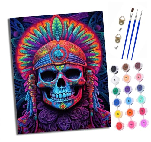 XXHXIE Malen Nach Zahlen Erwachsene-DIY Handgemalt Ölgemälde KitTotenkopf im indischen Stil für Anfänger Mit 3-Pinseln und Acrylfarbe Handgemalt öLgemäLde Kit Als Geschenk 40x50cm (Rahmenlos) von XXHXIE