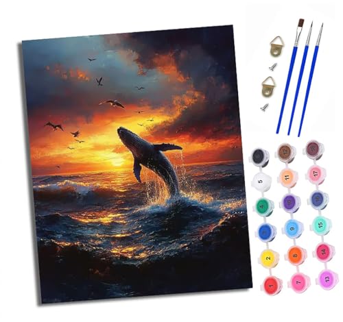 XXHXIE Malen Nach Zahlen Erwachsene-DIY Handgemalt Ölgemälde KitWal springt ins Meer für Anfänger Mit 3-Pinseln und Acrylfarbe Handgemalt öLgemäLde Kit Als Geschenk 40x50cm (Rahmenlos) von XXHXIE