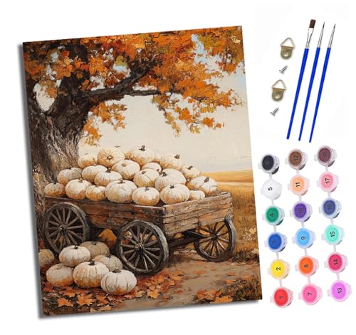 XXHXIE Malen Nach Zahlen Erwachsene-DIY Handgemalt Ölgemälde KitWeiße Kürbisse auf Holzkarren für Anfänger Mit 3-Pinseln und Acrylfarbe Handgemalt öLgemäLde Kit Als Geschenk 40x50cm (Mit Rahmen) von XXHXIE
