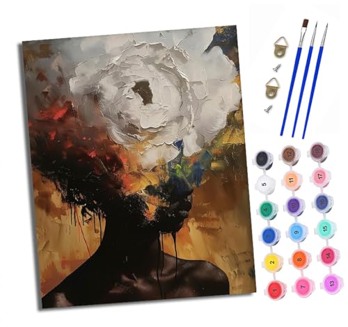 XXHXIE Malen nach Zahlen DIY Handgemalt Ölgemälde Set für Anfänger und Jugendliche Afrikanisches Mädchen mit weißen Blumen Pinsel und Acrylfarbe 40x50 cm ideal als Geschenk oder zur Heimdekoration von XXHXIE