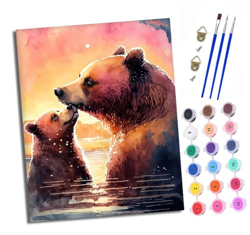 XXHXIE Malen nach Zahlen DIY Handgemalt Ölgemälde Set für Anfänger und Jugendliche Bären kuscheln im Wasser Pinsel und Acrylfarbe 40x50 cm Mit Rahmen ideal als Geschenk oder zur Heimdekoration von XXHXIE