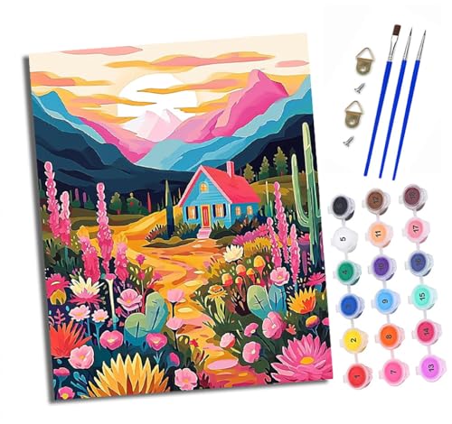 XXHXIE Malen nach Zahlen DIY Handgemalt Ölgemälde Set für Anfänger und Jugendliche Berghütte Blumenmeer Pinsel und Acrylfarbe 40x50 cm ideal als Geschenk oder zur Heimdekoration von XXHXIE