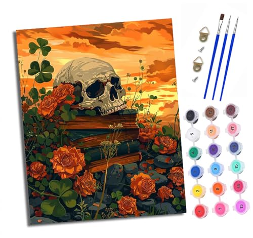 XXHXIE Malen nach Zahlen DIY Handgemalt Ölgemälde Set für Anfänger und Jugendliche Blumen, Bücher, Totenkopf Pinsel und Acrylfarbe 40x50 cm ideal als Geschenk oder zur Heimdekoration von XXHXIE