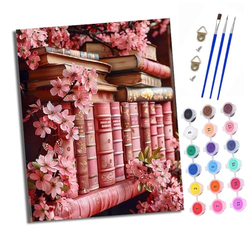 XXHXIE Malen nach Zahlen DIY Handgemalt Ölgemälde Set für Anfänger und Jugendliche Buch und rosa Blumen Pinsel und Acrylfarbe 40x50 cm ideal als Geschenk oder zur Heimdekoration von XXHXIE
