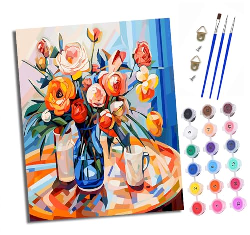 XXHXIE Malen nach Zahlen DIY Handgemalt Ölgemälde Set für Anfänger und Jugendliche Bunte Blumen in der Vase Pinsel und Acrylfarbe 40x50 cm ideal als Geschenk oder zur Heimdekoration von XXHXIE