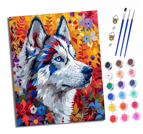 XXHXIE Malen nach Zahlen DIY Handgemalt Ölgemälde Set für Anfänger und Jugendliche Bunter Hund in den Blumen Pinsel und Acrylfarbe 40x50 cm Mit Rahmen ideal als Geschenk oder zur Heimdekoration von XXHXIE