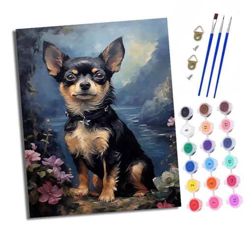 XXHXIE Malen nach Zahlen DIY Handgemalt Ölgemälde Set für Anfänger und Jugendliche Chihuahua-Blumen Pinsel und Acrylfarbe 40x50 cm ideal als Geschenk oder zur Heimdekoration von XXHXIE
