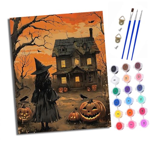 XXHXIE Malen nach Zahlen DIY Handgemalt Ölgemälde Set für Anfänger und Jugendliche Die Hexe und das Kürbishaus Pinsel und Acrylfarbe 40x50 cm Mit Rahmen ideal als Geschenk oder zur Heimdekoration von XXHXIE