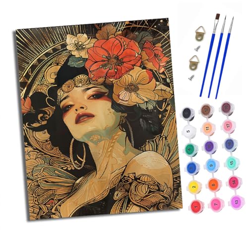 XXHXIE Malen nach Zahlen DIY Handgemalt Ölgemälde Set für Anfänger und Jugendliche Elegantes Mädchen mit Blumen Pinsel und Acrylfarbe 40x50 cm ideal als Geschenk oder zur Heimdekoration von XXHXIE