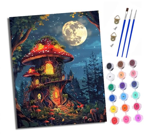 XXHXIE Malen nach Zahlen DIY Handgemalt Ölgemälde Set für Anfänger und Jugendliche Fantasie-Pilzhaus Pinsel und Acrylfarbe 40x50 cm ideal als Geschenk oder zur Heimdekoration von XXHXIE