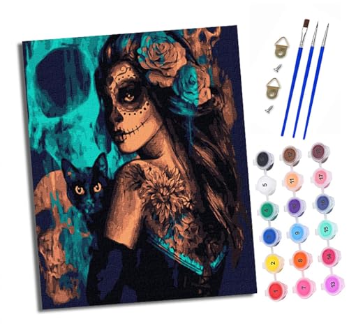 XXHXIE Malen nach Zahlen DIY Handgemalt Ölgemälde Set für Anfänger und Jugendliche Frau mit Totenkopf-Make-up und Katze Pinsel und Acrylfarbe 40x50 cm ideal als Geschenk oder zur Heimdekoration von XXHXIE