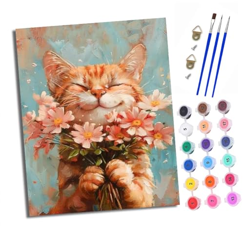 XXHXIE Malen nach Zahlen DIY Handgemalt Ölgemälde Set für Anfänger und Jugendliche Glückliches Kätzchen mit Blumen Pinsel und Acrylfarbe 40x50 cm ideal als Geschenk oder zur Heimdekoration von XXHXIE
