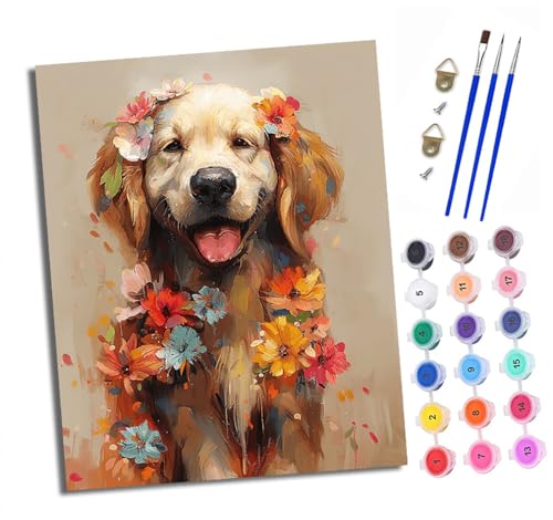 XXHXIE Malen nach Zahlen DIY Handgemalt Ölgemälde Set für Anfänger und Jugendliche Golden Retriever mit Blumen Pinsel und Acrylfarbe 40x50 cm ideal als Geschenk oder zur Heimdekoration XXHXIE Malen nach Zahlen DIY Handgemalt Ölgemälde Set für Anfänger und Jugendliche Golden Retriever mit Blumen Pinsel und Acrylfarbe 40x50 cm ideal als Geschenk oder zur Heimdekoration von XXHXIE