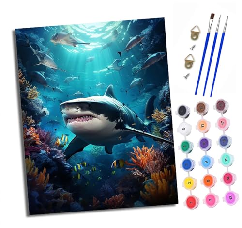 XXHXIE Malen nach Zahlen DIY Handgemalt Ölgemälde Set für Anfänger und Jugendliche Haie in der Tiefsee Pinsel und Acrylfarbe 40x50 cm ideal als Geschenk oder zur Heimdekoration von XXHXIE