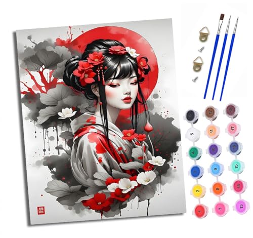 XXHXIE Malen nach Zahlen DIY Handgemalt Ölgemälde Set für Anfänger und Jugendliche Japanische Mädchen Blumen Pinsel und Acrylfarbe 40x50 cm ideal als Geschenk oder zur Heimdekoration von XXHXIE