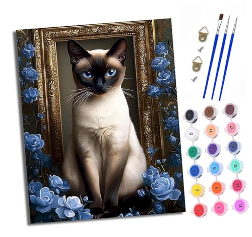 XXHXIE Malen nach Zahlen DIY Handgemalt Ölgemälde Set für Anfänger und Jugendliche Katze umgeben von blauen Blumen Pinsel und Acrylfarbe 40x50 cm Mit Rahmen ideal als Geschenk oder zur Heimdekoration von XXHXIE