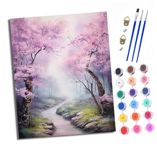 XXHXIE Malen nach Zahlen DIY Handgemalt Ölgemälde Set für Anfänger und Jugendliche Kirschblütenwaldweg Pinsel und Acrylfarbe 40x50 cm ideal als Geschenk oder zur Heimdekoration von XXHXIE