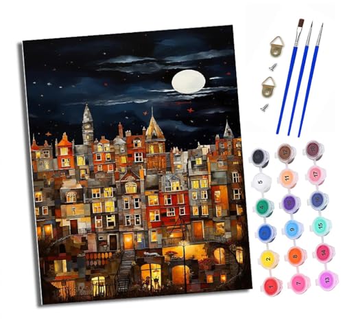 XXHXIE Malen nach Zahlen DIY Handgemalt Ölgemälde Set für Anfänger und Jugendliche Kleine Stadt im Mondlicht Pinsel und Acrylfarbe 40x50 cm ideal als Geschenk oder zur Heimdekoration von XXHXIE