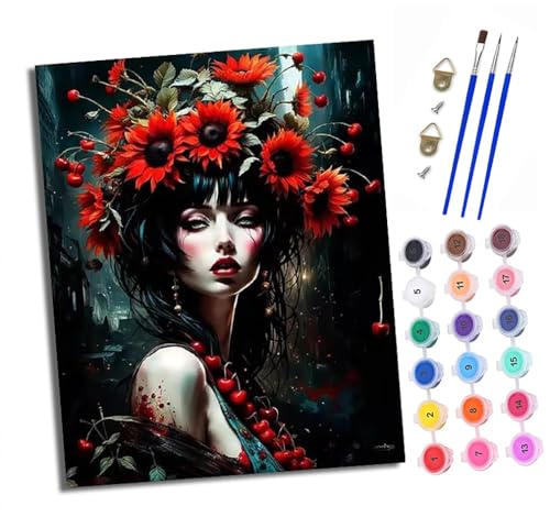 XXHXIE Malen nach Zahlen DIY Handgemalt Ölgemälde Set für Anfänger und Jugendliche Rote Blumen Mädchen Pinsel und Acrylfarbe 40x50 cm ideal als Geschenk oder zur Heimdekoration von XXHXIE