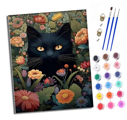 XXHXIE Malen nach Zahlen DIY Handgemalt Ölgemälde Set für Anfänger und Jugendliche Schwarze Katze zwischen Blumen Pinsel und Acrylfarbe 40x50 cm ideal als Geschenk oder zur Heimdekoration von XXHXIE