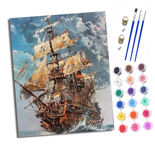 XXHXIE Malen nach Zahlen DIY Handgemalt Ölgemälde Set für Anfänger und Jugendliche Segelboot bricht die Wellen Pinsel und Acrylfarbe 40x50 cm Mit Rahmen ideal als Geschenk oder zur Heimdekoration von XXHXIE