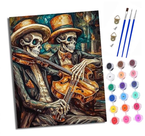 XXHXIE Malen nach Zahlen DIY Handgemalt Ölgemälde Set für Anfänger und Jugendliche Skelett für Violine Pinsel und Acrylfarbe 40x50 cm ideal als Geschenk oder zur Heimdekoration von XXHXIE