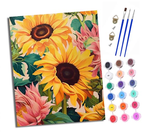 XXHXIE Malen nach Zahlen DIY Handgemalt Ölgemälde Set für Anfänger und Jugendliche Sonnenblumen und rosa Blumen Pinsel und Acrylfarbe 40x50 cm Mit Rahmen ideal als Geschenk oder zur Heimdekoration von XXHXIE