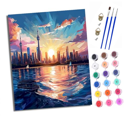 XXHXIE Malen nach Zahlen DIY Handgemalt Ölgemälde Set für Anfänger und Jugendliche Stadt Sonnenuntergang Wasserlandschaft Pinsel und Acrylfarbe 40x50 cm ideal als Geschenk oder zur Heimdekoration von XXHXIE