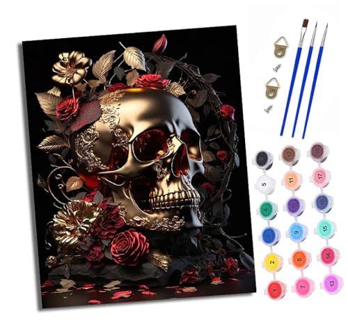 XXHXIE Malen nach Zahlen DIY Handgemalt Ölgemälde Set für Anfänger und Jugendliche Totenkopf mit floralem Element Pinsel und Acrylfarbe 40x50 cm Mit Rahmen ideal als Geschenk oder zur Heimdekoration XXHXIE Malen nach Zahlen DIY Handgemalt Ölgemälde Set für Anfänger und Jugendliche Totenkopf mit floralem Element Pinsel und Acrylfarbe 40x50 cm Mit Rahmen ideal als Geschenk oder zur Heimdekoration von XXHXIE