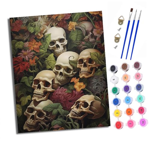 XXHXIE Malen nach Zahlen DIY Handgemalt Ölgemälde Set für Anfänger und Jugendliche Totenkopf und Blumen Pinsel und Acrylfarbe 40x50 cm ideal als Geschenk oder zur Heimdekoration von XXHXIE