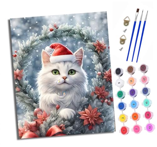 XXHXIE Malen nach Zahlen DIY Handgemalt Ölgemälde Set für Anfänger und Jugendliche Weiße Katze mit Weihnachtsmütze Pinsel und Acrylfarbe 40x50 cm ideal als Geschenk oder zur Heimdekoration XXHXIE Malen nach Zahlen DIY Handgemalt Ölgemälde Set für Anfänger und Jugendliche Weiße Katze mit Weihnachtsmütze Pinsel und Acrylfarbe 40x50 cm ideal als Geschenk oder zur Heimdekoration von XXHXIE