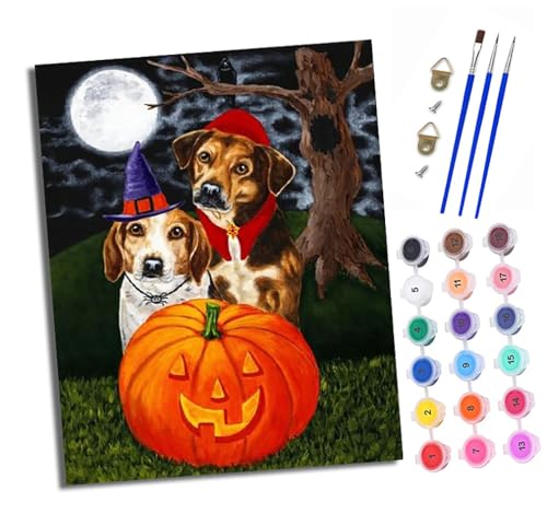 XXHXIE Malen nach Zahlen DIY Handgemalt Ölgemälde Set für Anfänger und Jugendliche Zwei Welpen Halloween Pinsel und Acrylfarbe 40x50 cm Mit Rahmen ideal als Geschenk oder zur Heimdekoration von XXHXIE