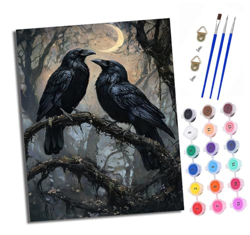 Malen nach Zahlen Erwachsene Schwarze Krähe auf Ast DIY Handgemalt Ölgemälde Kit Mit 3 - Pinseln und Acrylfarbe knitterfreie leinwand Kit - 40 X 50 CM Mit Rahmen von XXHXIE