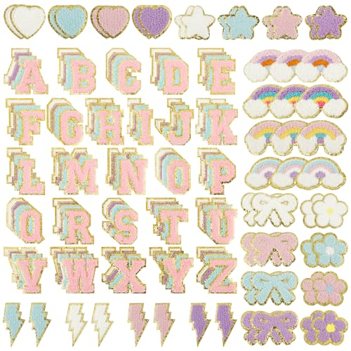 XYDHQS Selbstklebende Chenille-Flicken, Mehrzweck-Flicken mit goldfarbenem Rand, niedliche Buchstaben-Aufnäher, Aufkleber für DIY-Kleidung, Hüte, Rucksäcke, Taschen, 156 Stück von XYDHQS