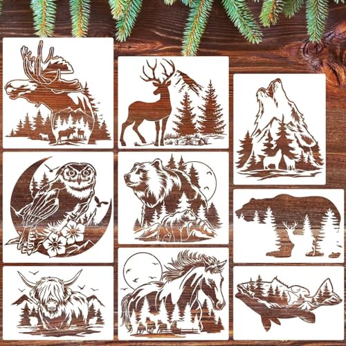 XYQHOAC Tierschablonen zum Malen, wiederverwendbar, Hirsch, Wolf, Bär, Eule, Vorlagen, große Dschungeltier-Malschablonen zum Malen auf Holz, Wandhandwerk (Tierschablone), 9 Stück von XYQHOAC