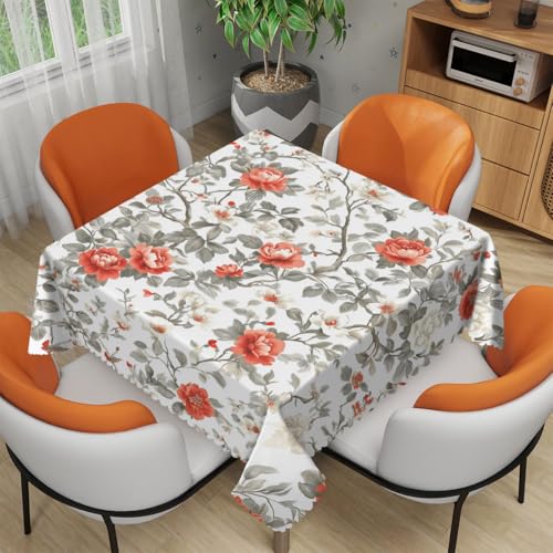 XYSCSJ Tischdecke, Retro-Blumenmotiv, 137 x 137 cm, quadratisch, mit Vögeln, Blättern, Blumen, Tischdecke, Polyester, Tischdecke für Küche, Esszimmer, kleine Tischdecke für Partys, Picknick, 137 x 137 von XYSCSJ