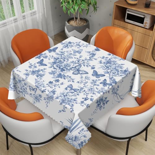 XYSCSJ Tischdecke mit Frühlingsblumen, quadratisch, Schmetterlings-Motiv, Polyester, Bauernhaus, dekorativ für Frühling, Zuhause, Küche, Esszimmer, Party, 137 x 137 cm von XYSCSJ