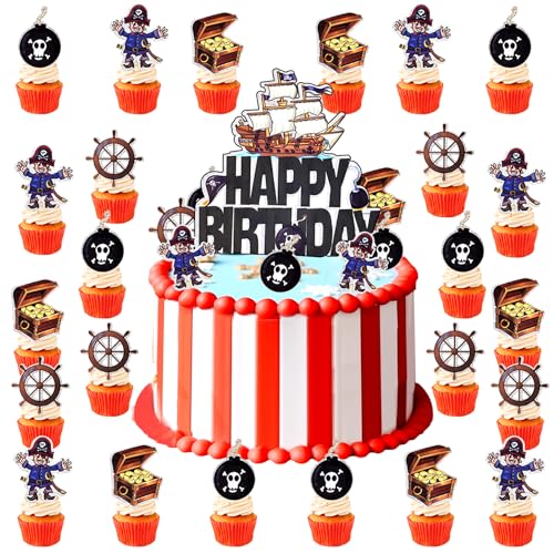 25 Pcs Piraten Kuchen Deko,Piraten Cupcake Topper,Piratenparty Kindergeburtstag Dekoration,Piratenschiffe Happy Birthday Tortendeko,Pirate Geburtstags Deko für Jungen Mädchen von XYWOQS