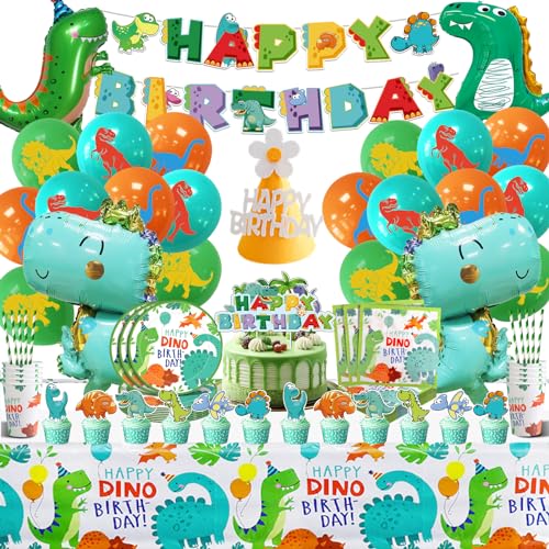 Dino Geburtstag Deko,Dinosaurier Geburtstag Geschirr Set,Dino Luftballons Kindergeburtstag Party Deko,Dino Servietten Pappteller,Dschungel Geburtstag Dekoration für Jungen Mädchen von XYWOQS